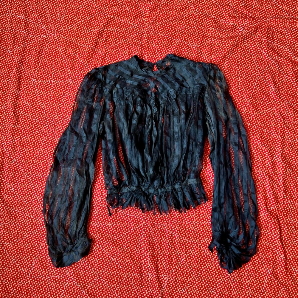 Antique Victorian 1800s 1900s  Black Sheer silk Striped Blouse Long Sleeve Top